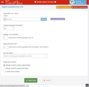 Import Contacts' data - wedding planning software